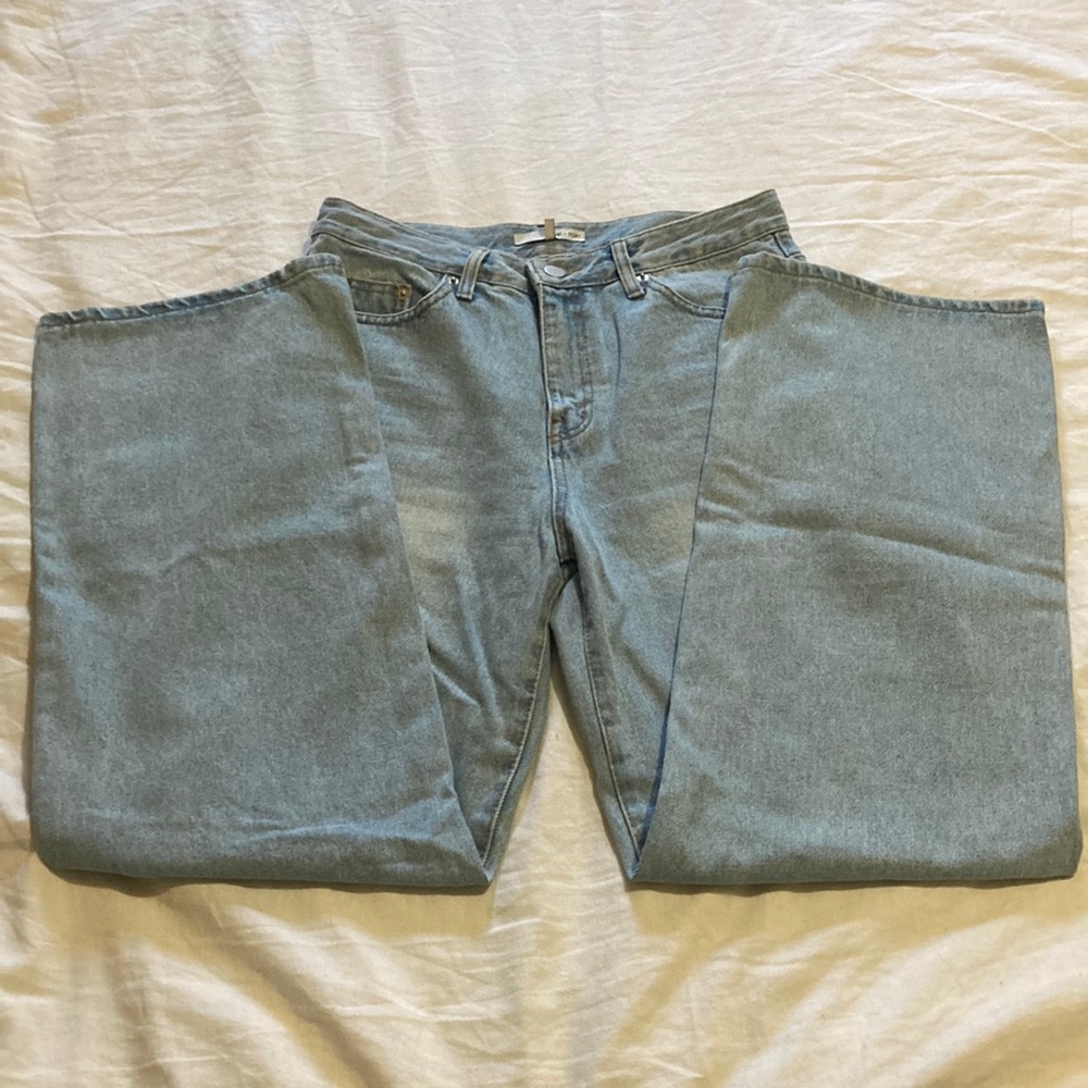 Super high waisted wide leg light wash Oak + Fort denim